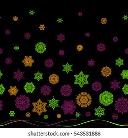 Vector yellow, purple and green snowflakes on black background. Abstract minimal seamless pattern background.
