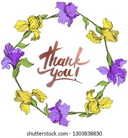 Vector Yellow and purple iris floral botanical flower. Wild spring leaf wildflower isolated. Engraved ink art. Frame border ornament square.