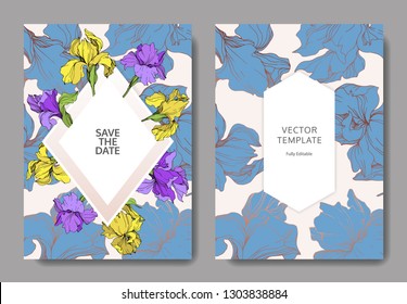 Vector Yellow and purple iris floral botanical flower. Wild spring leaf isolated. Engraved ink art. Wedding background card floral decorative border. Elegant card illustration graphic set banner.