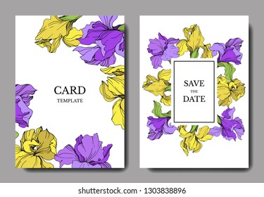 Vector Yellow and purple iris floral botanical flower. Wild spring leaf isolated. Engraved ink art. Wedding background card floral decorative border. Elegant card illustration graphic set banner.