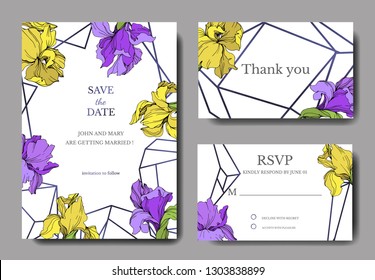 Vector Yellow and purple iris floral botanical flower. Wild spring leaf isolated. Engraved ink art. Wedding background card floral decorative border. Elegant card illustration graphic set banner.