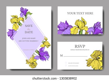 Vector Yellow and purple iris floral botanical flower. Wild spring leaf isolated. Engraved ink art. Wedding background card floral decorative border. Elegant card illustration graphic set banner.