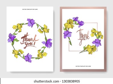 Vector Yellow and purple iris floral botanical flower. Wild spring leaf isolated. Engraved ink art. Wedding background card floral decorative border. Elegant card illustration graphic set banner.