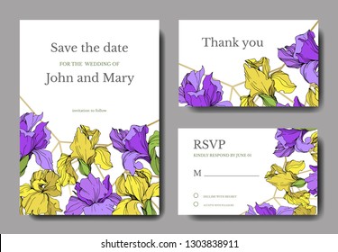 Vector Yellow and purple iris floral botanical flower. Wild spring leaf isolated. Engraved ink art. Wedding background card floral decorative border. Elegant card illustration graphic set banner.