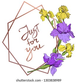 Vector Yellow and purple iris floral botanical flower. Wild spring leaf wildflower isolated. Engraved ink art. Frame border ornament square.
