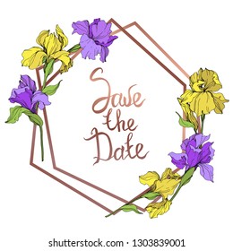 Vector Yellow and purple iris floral botanical flower. Wild spring leaf wildflower isolated. Engraved ink art. Frame border ornament square.