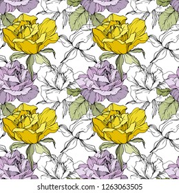Vector Yellow and purple rose. Floral botanical flower. Engraved ink art. Seamless background pattern. Fabric wallpaper print texture on white background.