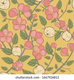 Vector yellow quince fruit and blossom seamless pattern print background.