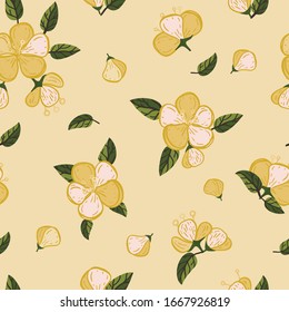 Vector yellow quince fruit blossom seamless pattern print background.