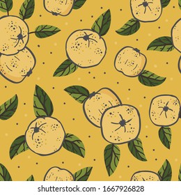 Vector yellow quince fruit seamless pattern print background.