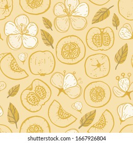 Vector yellow quince texture seamless pattern print background.