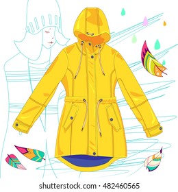 Vector yellow raincoat on white background with woman silhouette, autumn leaves, colorful rain drops - sign, symbol, vector illustration