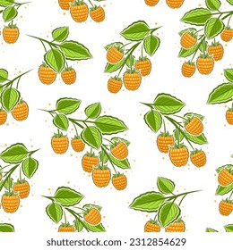 Vector Yellow Raspberry Branches seamless pattern, repeat background with illustration of raspberries still life composition for wrapping paper, collection of flat lay yellow raspberry fruit on branch