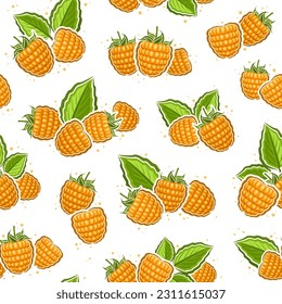 Vector Yellow Raspberry seamless pattern, repeat background with illustration of raspberries still life composition with green leaves for wrapping paper, collection of flat lay yellow raspberry fruits
