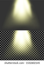 Vector yellow realistic rays of light. Bright stage lighting