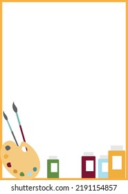 Vector yellow rectangle frame and artist's tools: brushes, palette, multicolor spots, pots of paints. Design with empty place for text. 
