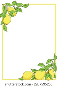 Vector yellow rectangle frame decorated  by two corners from fresh sunny lemons and green leaves. Elements for design card, poster, invitation with empty place for text.