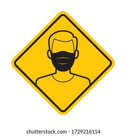 Vector yellow rectangle sign with line character with face mask. Isolated on white background. Do not enter without a mask on.