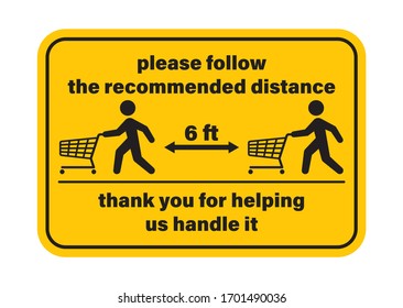 Vector yellow rectangle sticker keep a distance of 6 ft. Silhouette of a figure with a shopping cart. Isolated on white background.