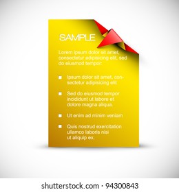 Vector Yellow and red Paper card (template) with origami white corner as an arrow pointing to the content