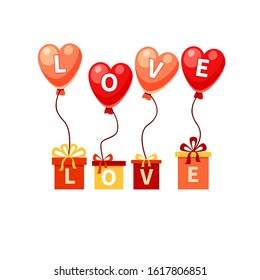 Vector yellow, red and pink presents with word "love" with red balloons in the shape of hearts. Romantic card with gift boxes. Cartoon love illustration