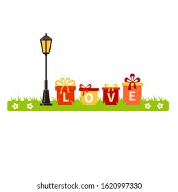 Vector yellow, red and pink presents with word "love" on green grass with flowers and a street light. Romantic card with gift boxes. Cartoon love illustration