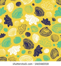 Vector yellow repeat pattern with variety of clam seashells. Perfect for greetings, invitations, wrapping paper, textile, wedding and web design.