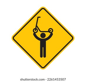 Vector yellow rhombus sign - black silhouette figure holding a scooter over his head. Isolated on white background. 