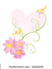 vector yellow robin birds and pink flowers with heart-shaped brunches isolated on white illustration