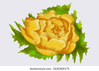 Vector Yellow Rose Pione Floral Clipart with Spiky Leaves in Botanical Style. Watercolor illustration of a blooming yellow pione rose with detailed green leaves on a light background
