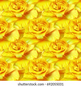 Vector yellow rose seamless floral pattern. Big colorful yellow red green hand drawn flowers decorated with gradients arranged in diagonal ornament.