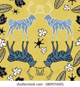 Vector yellow Russian forest deer leaves flowers seamless pattern background. Perfect for fabric, wallpaper, scrapbooking projects.