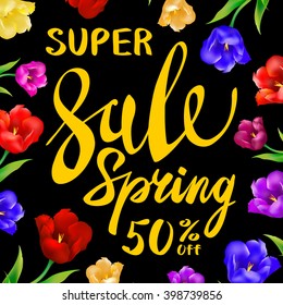 Vector yellow sale spring sign with black background. color floral tulip. art
