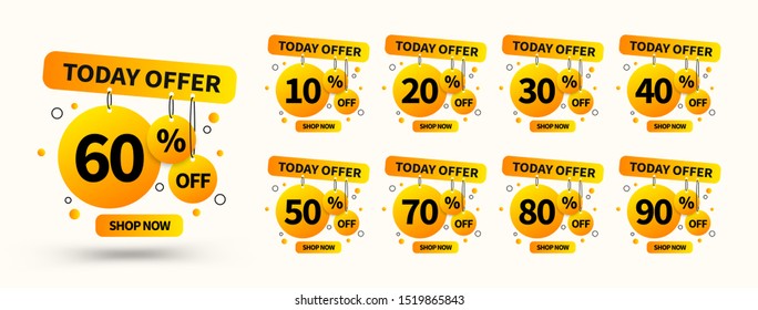 Vector yellow sale tags set. Concept design elements for use in advertising, web, print design and marketing. Trendy badges template, up to 10, 20, 30, 40, 50, 60, 70, 80, 90 percent off.