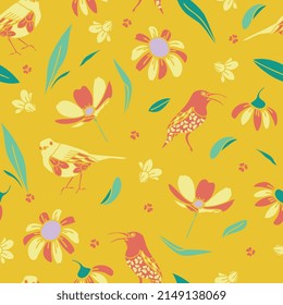 Vector Aves de salmón amarillo y hojas sin costura sobre un fondo amarillo. Diseño de vectores para papel, cubierta, tela, interiores y otros usuarios