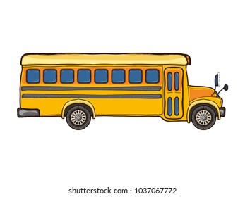 Autobús escolar amarillo vector aislado en fondo blanco. Concepto de escuela primaria. Equipo de ilustración manual para la educación permanente. Suministros universitarios