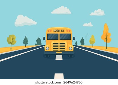 Vector Yellow School Bus on Road with Landscape Background. Cartoon School Bus Illustration for Kids Education. Back to School, Children Transport. School Transport Clipart