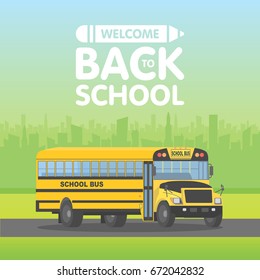 Vector yellow schoolbus isolated on green background. Back to school sign vector illustration.