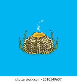 Vector yellow sea anemone. Under the sea illustration with cute actinia seaweeds. Ocean plant clipart.