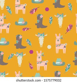 Vector yellow seamless pattern background with colorful tribal icons, hat, lamas, boots and feathers.
Perfect for fabric, wallpaper and stationary projects
