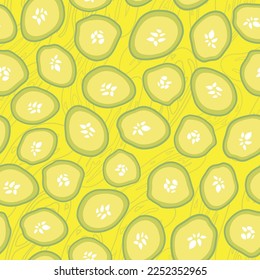 Vector yellow seamless pattern with yellow cucumber slices on a stylized pickled background. Perfect for menu charts, packaging for food or cosmetics, wallpaper, kids projects.