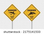 Vector Yellow Shark Sighting Sign Set Isolated. Shark Attack Warning. Danger for Surfing and Swimming. Shark Zone, Area, Caution