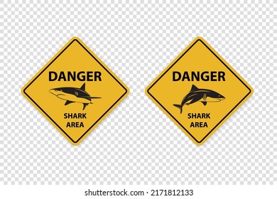 Vector Yellow Shark Sighting Sign Set Isolated. Shark Attack Warning. Danger for Surfing and Swimming. Shark Zone, Area, Caution