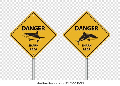 Vector Yellow Shark Sighting Sign Set Isolated. Shark Attack Warning. Danger for Surfing and Swimming. Shark Zone, Area, Caution