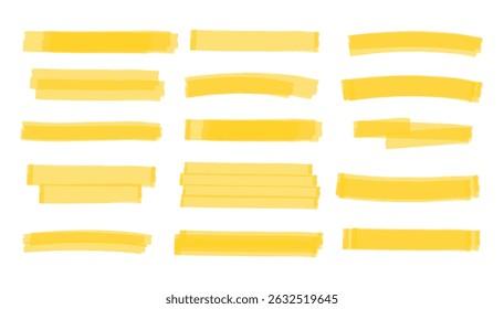 Vector Yellow Sharpie Strokes, Hand Drawn Highlighter Marker Lines, Brush Pen Underlines, Text Highlight Scribbles, and Watercolor Marker Elements