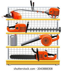 Vector Yellow Shelves with Garden Equipment isolated on white background