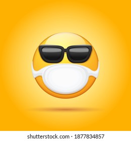 Emoji protector amarillo vectorial enfermo Emoji con máscara de protección médica de boca y gafas de sol aisladas en fondo blanco. Sonreiré al personaje de la cara con máscara de cirujano blanco. Icono de concepto de autoaislamiento