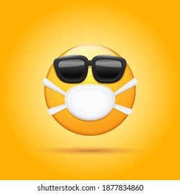 Vector yellow sick Emoji sticker with mouth medical protection mask and sunglasses isolated on white background. Ill smile face character with white surgeon mask. Self isolation concept icon