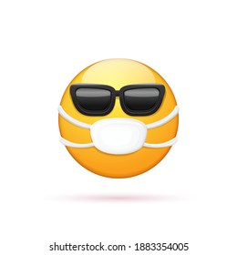 Vector yellow sick Emoji sticker with mouth medical protection mask and sunglasses isolated on white background. Ill smile face character with white surgeon mask. Self isolation concept icon