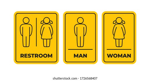 Vector yellow sign with black line figurines man and woman. Restroom (WC) - toilet figure. Isolated on white background. 